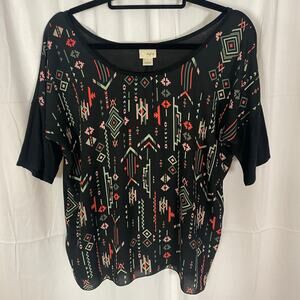Daytrip L Boho Aztec Print Oversized Dolman Sleeve Top Black Festival Blouse
